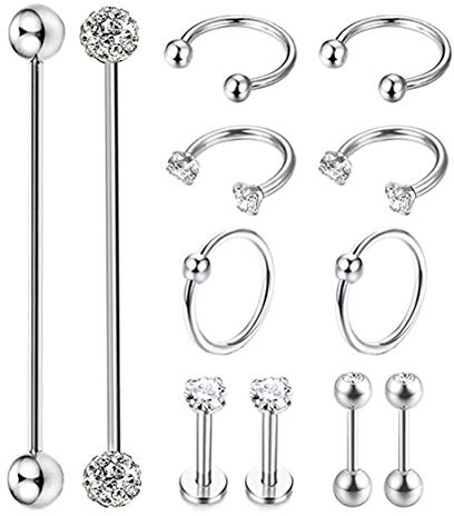 Masedy 12Pcs Stainless Steel Industrial Barbell Cartilage Piercing Earrings for Women Men Hoop Helix Tragus Labret Piercing A-Silver