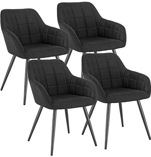 WOLTU Esszimmerstühle 4er Set Esszimmerstuhl Küchenstuhl Polsterstuhl Design Stuhl mit Armlehnen, mit Sitzfläche aus Leinen, Gestell aus Metall, modern, Schwarz, BH107sz-4