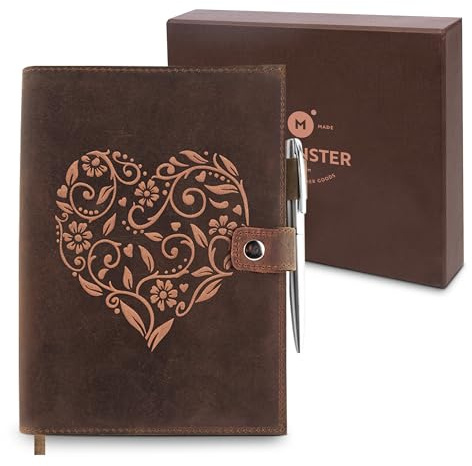 Cuaderno A5 de Cuero Genuino y Bloc de Notas Recargable – Libreta con Grabado de Corazón en Relieve – Diario Personal Hecho a Mano con Portalápices – Papel de Primera Calidad – Lujoso Bolígrafo