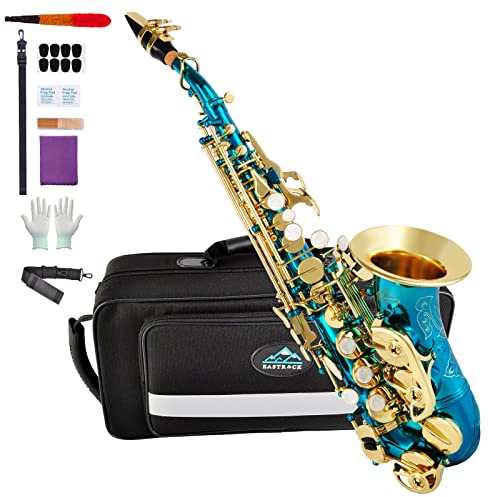 EASTROCK Soprano Saxophone Curved Bb Flat blue Sax Instruments for Beginners Intermediate Players with Carrying Case,Mouthpiece,Pads,Reed,Cleaning kit,neck Strap,White Gloves