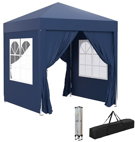 Outsunny Pavillon 2x2m Wasserdicht, Pop-up Faltpavillon mit 4 Seitenwänden, Abflusslöcher Fenster, faltbar Partyzelt UV 30+, Gartenzelt mit Tragetasche, Gartenpavillon für Terrasse, Blau