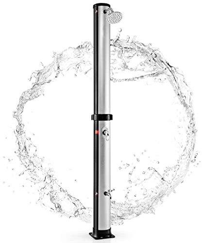 GOPLUS Douche Solaire de 217CM 38L avec Température et Pression Réglables,Douche de Jardin avec Pommeau de Douche Réglable et Robinet de Bas Niveau, Douche d’Extérieur (Argent)