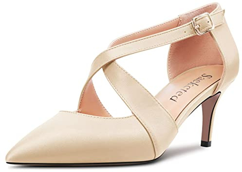 Saekcted Femmes Aiguille Mi Talon Heel Pointu Bout Escarpins Lanières Croisées Boucle Mariage Cute 6.5 CM Heels Beige 35 EU