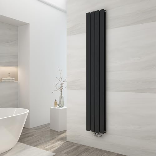 EMKE Design Heizkörper Schmal Hoch, 1800x304 mm Vertikal Flachheizkörper mit Mittelanschluss, Doppellagig Schwarz Paneelheizkörper Wandheizkörper für Bad, Schlafzimmer & Wohnzimmer, 1082W