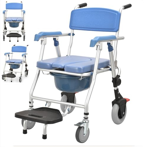 Toilettenstuhl für Senioren mit Rollen, 3 In 1 Faltbar Wc Duschstuhl Toilettenrollstuhl mit Bettpfanne und Größere und Breitere Rückenlehne, Badhocker für Unter 150kg Senioren Schwangere