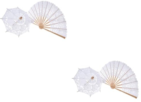 Alipis 2stücke Retro Chinesisches Faltfächer Und Mini-Regenschirm Set Elegante Wohnraumdekoration Für Damen Faltfächer Und Spitzen-Regenschirm Weiß