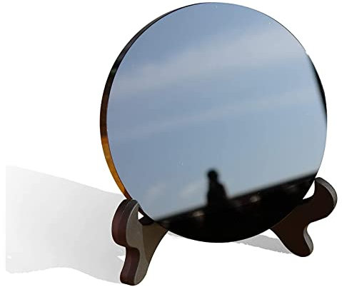 AUOQKQUT – Miroir de cri d'obsidienne Noire Naturelle, Plaque Ronde en Pierre, décor en Cristal de Miroir de Sorcellerie avec étagère décoration d'intérieur(Size:15cm)