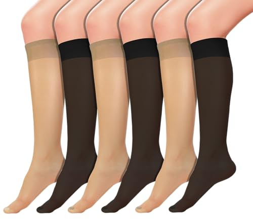 Winterlace Sheer Knee High Trouser Socks | 6 Pairs | Premium Silky Soft with Control Top Reinforced Toe (US, Alpha, One Size, Regular, Regular, Black & Beige)