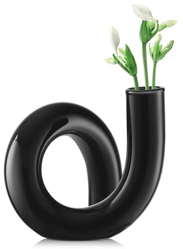 Joeyan Petit Vase à Fleurs en Verre Noir - Fait à La Main, Décoratif Géométrique pour Centres de Table Modernes, Salon, Bureau - Abstrait de 12cm pour Fleurs Simples et Sèches