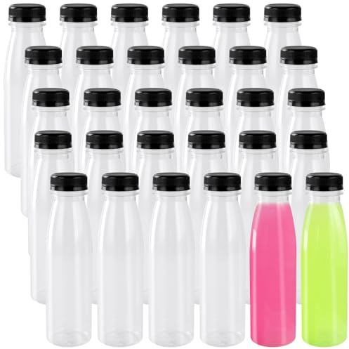 MOUYAT 30pcs 300ml Plastic Juice Bottles, 10oz Empty Juice Bottle with Lids, Clear Smoothie Bottles for Milk, Beverage