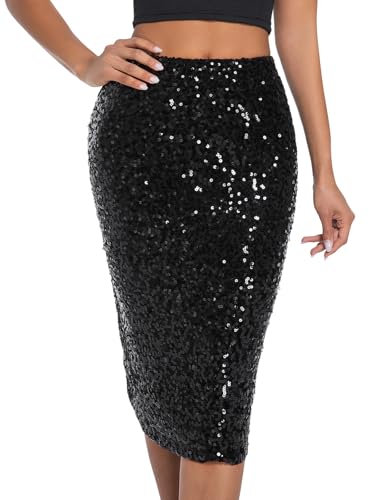 BALAYSIER Damen Glitzer Rock mit Futter Elastische Taille Pailletten Rock Midi Bleistiftrock für Bankette und Partys(Schwarz,XL)