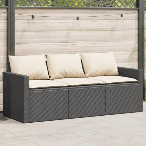 IKAYAA Sofá Jardín 3 Plazas de Ratán, Sofas Terraza con Cojines Acolchados, Sofá de Exterior 3 Plazas, Muebles Jardín Exterior, Sofá para Patio Terraza Negro Blanco Crema