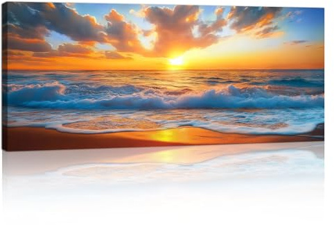 Cadre en Bois Grande Impression sur Toile Bleu Coucher de soleil Paysage Marin Image sur Toile Orange Plage Côte Paysage Peintures sur Toile Moderne Mural Tableau Decor Murale Salon Chambre 50x120cm
