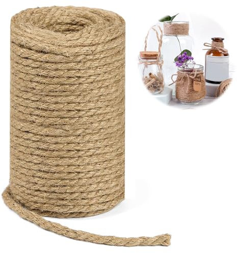 vsshe 15m Jute Rope, 6mm Thick Jute Twine String, Natural Braided Jute Garden Rope for Cat Scratching Post Ropes, Gardening, Camping, Decoration, Gift Wrapping and Craft Decoration (Brown)