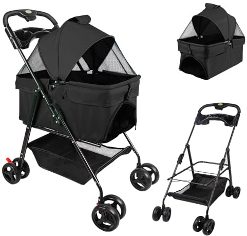 Vikbar hundvagn, små hundar och katter, upp till 15 kg, 2 mugghållare (med avtagbar korg)
