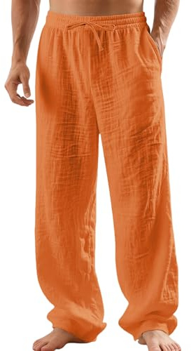 TRFIC Mens Linen Pants Yoga Beach Loose Fit Casual Summer Elastic Waist Drawstring Baggy Trousers with Pockets Orange