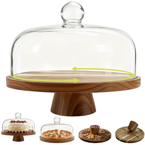 ValorTiger Acacia Wood Cake Stand with Scratch-Resistant Glass Dome Lid – 12-Inch Round Cake Holder with Screw-Type Base, Wooden Dessert Display Stand with Cover for Cakes, Pastries, Cheese & Charcuterie