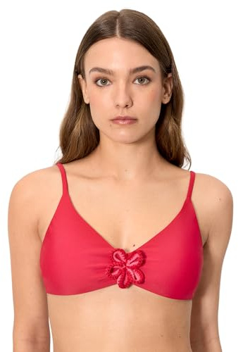 YSABEL MORA. Top Bikini Triángulo Rojo Detalle Flor Crochet Copa B. Top Triángulo Copa B Modelo Liso Sin Aro con Relleno Extraíble para Look Natural .Colección Cherry.