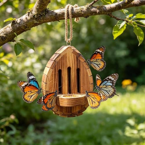 Maison à papillons en bois en forme de goutte d'eau pour l'extérieur, abri en bois massif avec mangeoire pour jardin, facile à suspendre, nichoir décoratif pour papillons, insectes, mites et ailes de