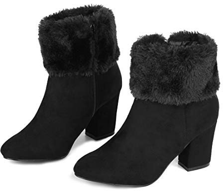 Allegra K Women's Faux Fur Block Heel Snow Black Ankle Boots 7 M US