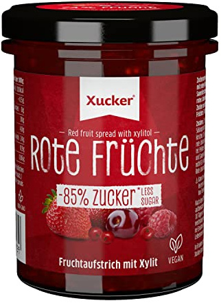 Xucker Fruchtaufstrich Rote Früchte mit Xylit - Erdbeere, Sauerkirsche, Himbeere & Johannisbeere I 74% Fruchtgehalt I vegan & zuckerarm 220g
