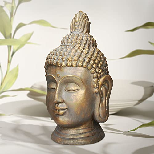 ECD Germany Statua Testa di Buddha 31 x 29 x 53 cm - in Poliresina - Aspetto Bronzo - per Yoga, Feng Shui o Meditazione - Casa o Giardino - Figura Decorativa Scultura Ornamentale da Interno/Esterno
