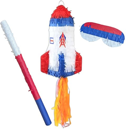 Space Rocket Pinata for Kids Parties – Includes Bashing Stick & Blindfold – Fill Your Own Party Game Decoration – Astronaut & Outer Space Themed Birthday Parties – 43cm x 27.5cm x 20.5cm