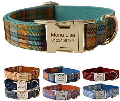Personalised Dog Collar With Metal Buckle, Customized Pet Collars with Name Phone Number Address Engraved, Plaid