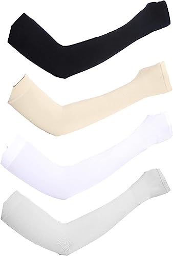 4 Pairs UV Sun Protection Cooling Arm Sleeves for Men & Women, Tattoo Cover Up, Compression Arm Sleeves for Fishing Running Golf Soccer Bike Cycling (4 Colors, Black, White, Beige, Grey)