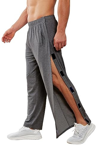 Deyeek Men's Tear Away Pants 2 Side Snap Open Bottom Sweatpants Loose Fit Casual Post Surgery Pants with Pockets Grey