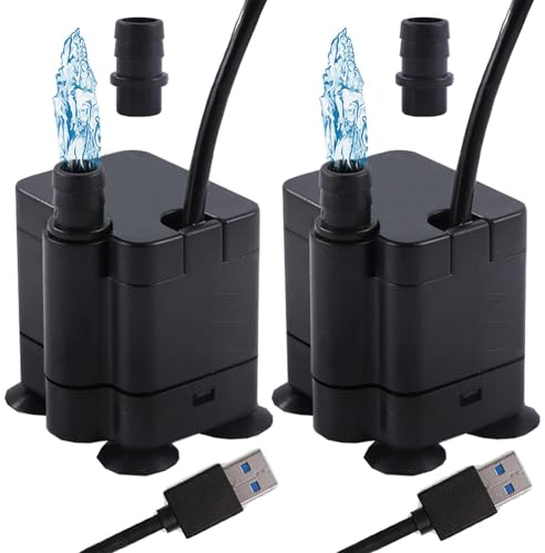 2 stück USB Mini Wasserpumpen(180L/H, 3W), Ultra Leise Aquarium pumpe mit hohem Hub, brunnenpumpe mit 1,5 m Netzkabel,für Aquarien, Teich, Brunnen, Statuen, Hydrokultur,Wasserpumpe Klein USB