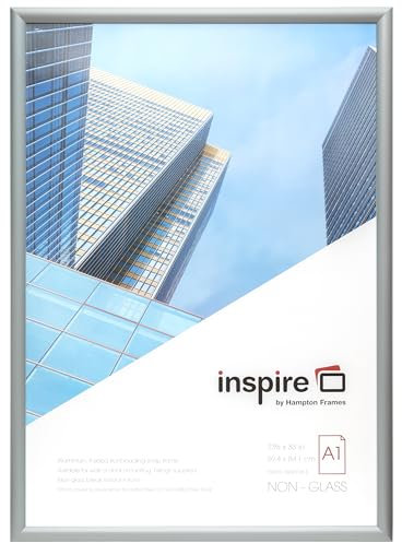 inspire by Hampton Frames | A1 Snap Frame, Silver, Satin Aluminium, 59x84cm | Front Loading, Non-Glass Acrylic, Wall Mount | Poster Frame for Display, Easy Change