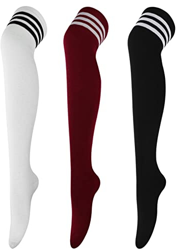 DRESHOW 3 Pares Calcetines Hasta la Rodilla para Mujer, Raya Escuela de Cosplay Casual Sobre la Rodilla Medias Hasta el Muslo Calcetines Largos
