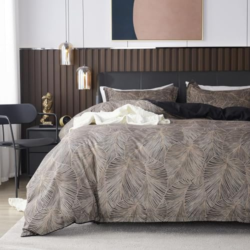 Housse de Couette 200x200 + 2 Taie d'oreiller 65x65cm Motif Feuilles Marron | Parure de Lit 200x200, Imprimée, Feuilles Palmier, Réversible, Fermeture Éclair, Linge de Lit, Adulte, 2 Personnes