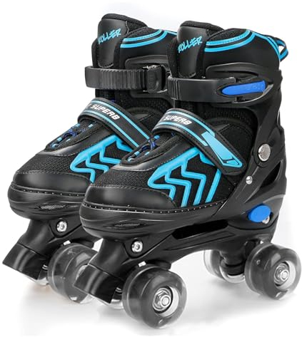 Rollschuhe für Kinder mit Leuchtenden Rädern für Mädchen und Jungen, Größen verstellbare Atmungsaktiv Quad Skates Verstellbare (Blau, S (28-32 EU))