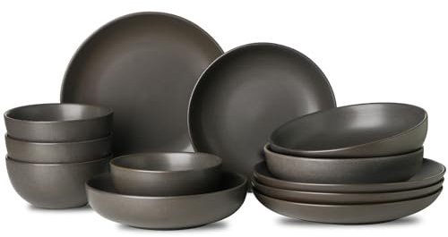 Tikooere Plates and Bowls Sets, 12-Pieces Stoneware Dinnerware Set Ceramic, Matte Black Dishes Set for 4, Scratch Resistant, Microwave and Dishwasher Safe Tableware, Porcelain