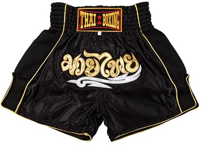 MUAY NATION Pantaloncini Muay Thai per Uomo e Donna, Pantaloncini da Boxe MMA dal Taglio Slim, Abbigliamento da Allenamento per Kickboxing (IT, Testo, XL, Regular, Regular, Classico Nero)