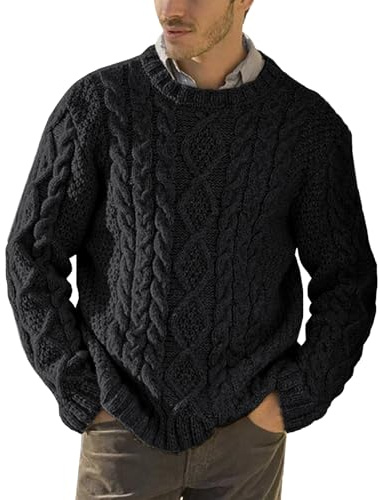 Runcati Jersey de punto para hombre de punto grueso con diseño trenzado, suéter de otoño e invierno, cuello redondo, suéter, Negro , XXL