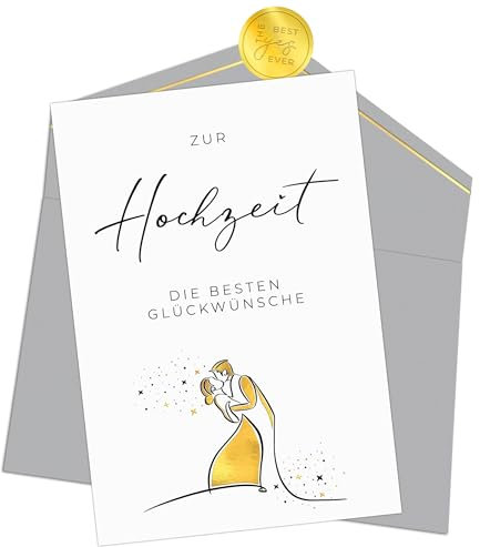 Joli Coon Hochzeitskarte - Zur Hochzeit die besten Glückwünsche Klappkarte mit Kuvert und goldenem Siegelsticker - Karte zur Hochzeit