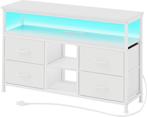 VERMESS 43 TV Stand, TV Cabinet with Power Outlets & LED Light, 4 Fabric Drawers TV Unit for TVs Up to 55 inch, Entertainment Center for Living Room, Bedroom, White
