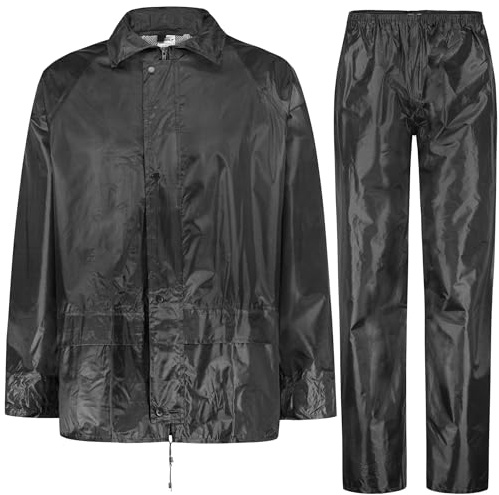 BWOLF Combinaison pluie Homme Manches Longs Imperméable Taille Élastique Veste Capuche Vêtement Pluie Pantalon 2 Poches Noir XL