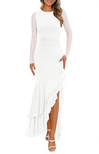 BTFBM Women's Maxi Dresses Spring 2026 Long Sleeve Ruched Bodycon Solid Ruffle Mermaid Cocktail Wedding Guest Dress(White,Large)