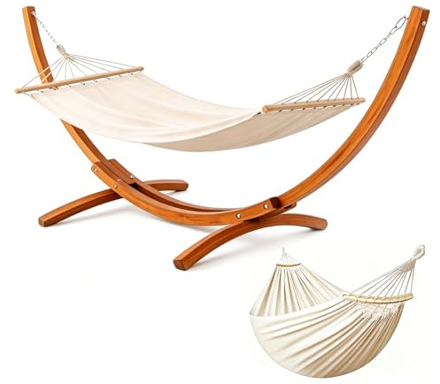 BELONID Hamaca con Soporte de Madera, Incluye 2 Hamacas, Carga 200 kg, 320x120x120 cm, Estructura Arqueada Estable de Madera, Altura Ajustable, para Jardín, Terraza y Balcón