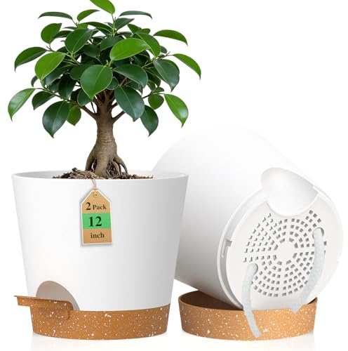 WSMKSZ 30 cm Large Self Watering Plant Pots Indoor, 2 Pack Flower Pots | 12 inch Thick Plastic Planters Pots with Drainage Holes&Deep Reservoirs, Cotton Wicks, for House&Outdoor Plants, White Brown