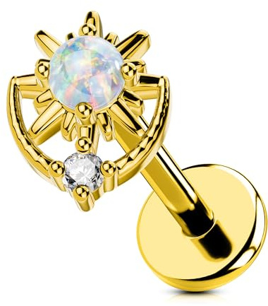 OUFER Body Piercing 18G Labret Stud Titanium Push-in Lip Piercing Jewelry 8mm gold Opal CZ Helix Tragus Earring for Fresh Healed Piercings