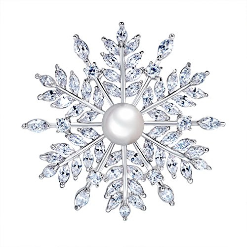 Hanie Silber Blumen Brosche Perle Anstecknadel mit Weiß Zirkonia Elemente Kristall Passt Anzug Pullover Mantel Abendkleider Hochwertig Geschenk in Winter