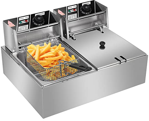 Bonnlo 12L Electric Deep Fryer w/Baskets & Lids, 12.7QT Countertop Stainless Steel Kitchen Commercial Dual Tank Fat Fryer Double Frying Machine for Chips French Fries Donuts, 5000W