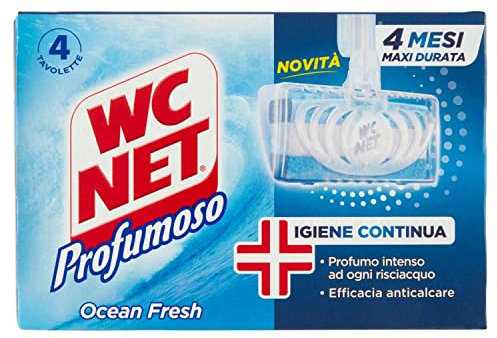 Wc Net - Tavoletta Profumoso Igiene Continua, Detergente Igienizzante Solido per WC, Azione Anticalcare e Profumo Intenso, Fragranza Ocean Fresh, 4 Pezzi