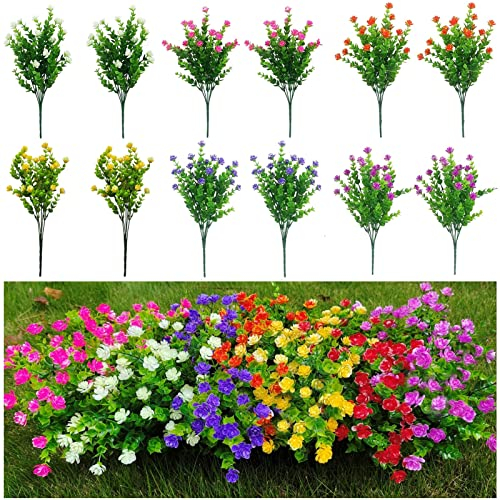12 Bündel Künstliche Blumen Balkon Kunstblumen, Wetterfest Kunstpflanzen Außenbereich Büsche Plastik Blumenstrauß, Sträucher Pflanzen Zum Aufhängen Für Innen Außenbereich Garten Balkonkasten, 6 Farben