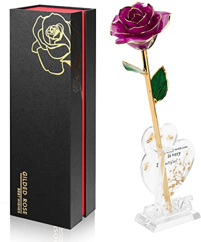 Ariceleo Gold Dipped Infinity Rose Last Forever Flower Decor, Geburtstagsgeschenk für Frauen in Ihrem Geburtstag Valentinstag Muttertag, Harzkonservierte Rose | Jubiläumsgeschenk für Mama(Lila)